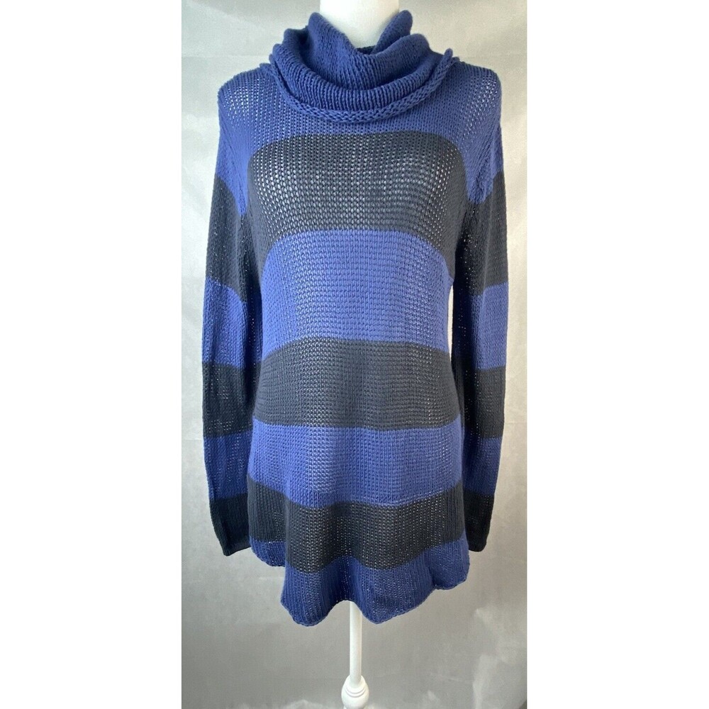 Wooden Ships Sweater M/L Open Knit Cowl Neck Blue Gray‎ Striped Nautical Spring